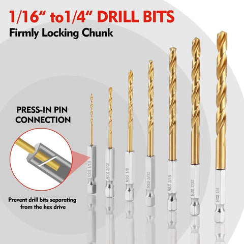 Heavy-Duty Titanium Plated HSS Drill Bit Set With Quick Change Shank, 9-Piece From 1/16 To 3/8 Inch For Metal Wood PVC, Includes 135-Degree Split Point Tip For Fast Starts And Long-Lasting Durability By WORKPRO displayed with size chart