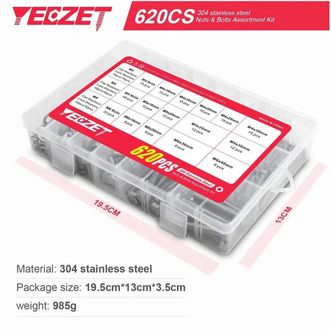 Heavy Duty Stainless Steel Bolts And Nuts Kit 620 Pieces M4 M5 M6 304 Grade Set in packaging with size and weight details.