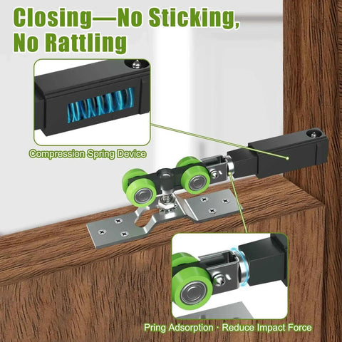 Close-up of Pocket Door Track Kit With Soft Close And Soft Open For 5 Ft, 5.3 Ft And 8 Ft Doors, showing compression spring and wheels.