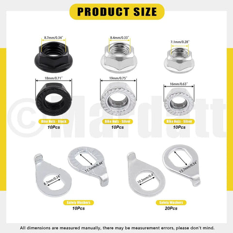 60Pcs Bicycle Axle Nut And Washer Kit With M8 M10 Hex Flange Nuts And Washers size chart