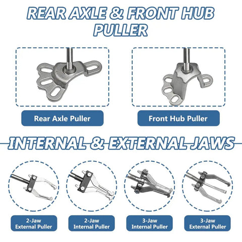 Nine-Way Slide Hammer Puller Set With Two-Jaw And Three-Jaw Options For Front-Wheel Bearings And Rear-Axle Hub Removal Dent