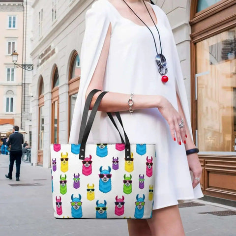 Everyday Leather Tote For Men And Women, Large Capacity Shoulder Bag With Zipper, Lychee Grain Leather, Casual Unisex Handbag Fits Tablet And More, Go-To Work Bag With Rainbow Llama Sunglasses Accent, 11.4 Inches Long