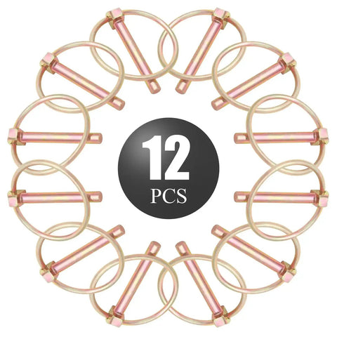 12 Pc One Quarter Inch Locking Hitch Pins With Ring Kit, Round Cotter Clip Pins For Tractors Trailers Trucks Mowers