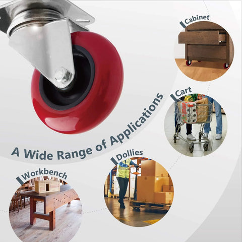 3 Inch Swivel Caster Wheels Set Of 4 With Heavy Duty Plate Casters And Polyurethane Tires 640 Lb Total Capacity Multi Directional 360 Degree Rotation Ideal For Furniture Carts Dollies And Workbenches shown with applications for cabinets, carts, workbenches, and dollies.