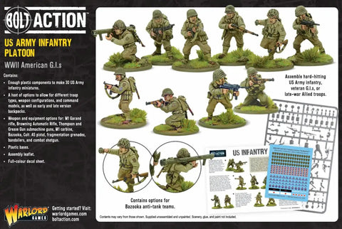 Thirty US Army Infantry Minis Set For Bolt Action Tabletop Wargaming 28mm Plastic WWII Figures display with gear and weapons