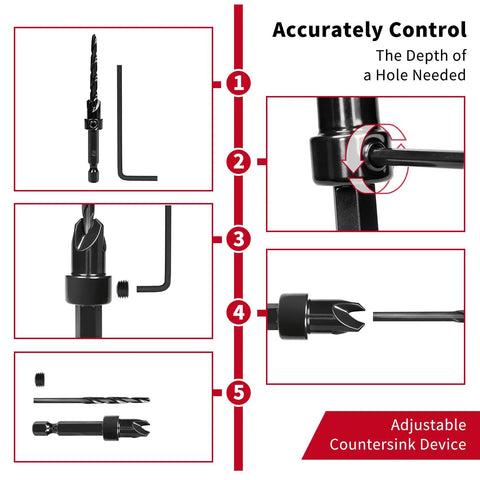 Pro Grade 15 Piece Countersink Drill Bit Set For Woodworking With Nitrided HSS Bits, hex shank, plug cutters, depth stop rings, tool images