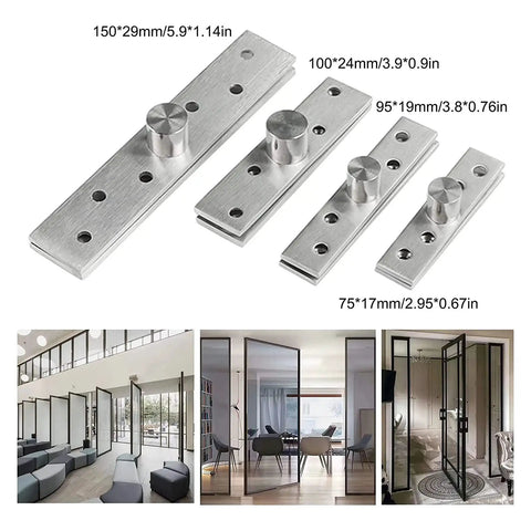 360 Degree Hidden Pivot Hinge Set Stainless Steel Concealing Door Hinges Center Pivot Up Down Shaft 2 Pack for Cabinets Doors In Wall TV Swivel Install Brushed Finish Sturdy and Easy to Install showing various sizes and installed views
