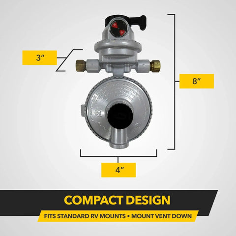 Front view of Uninterrupted RV Propane Regulator With Automatic Dual Tank Changeover, Two Stage System Delivers 345000 BTU Output