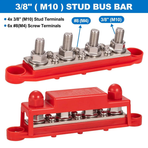 Beefy 12V 24V 48V Power Distribution Block Bus Bar With Four M10 Terminal Studs And Six M4 Screw Terminals, 250A Max