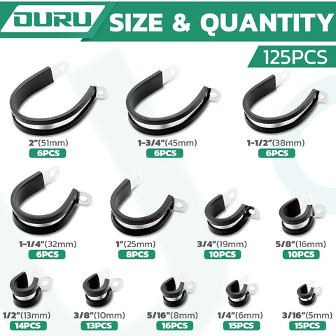 OURU 125PCS cable clamp set: 12 sizes, stainless steel rubber-coated cushioned insulated clamps for wires and pipes