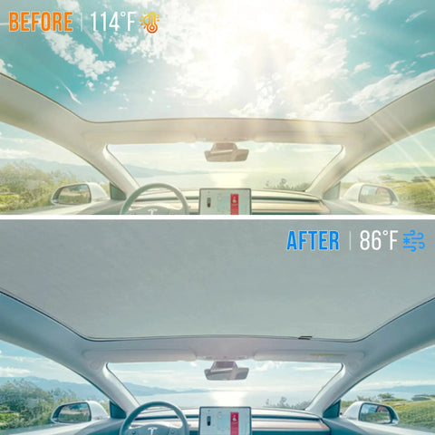Model Y Glass Roof Sunshade With Magnetic Foldable UV Block For Cooling installed, showing before and after temperature effects.