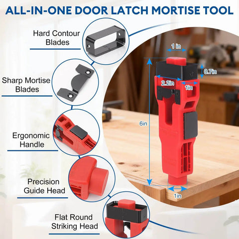 All-In-One Door Installation Kit With Hinge Jig, Lock Bore Template, And Latch Mounting Tools, shown with dimensions on table