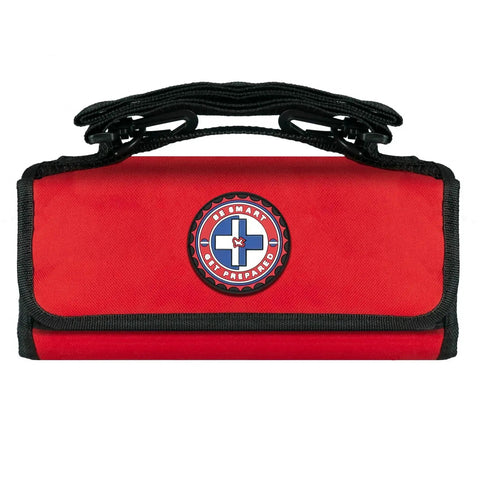 Front view of Ready To Go 73 Piece Coaches And Team Sports First Aid Kit In Roll Up Bag, red color with handle and emblem