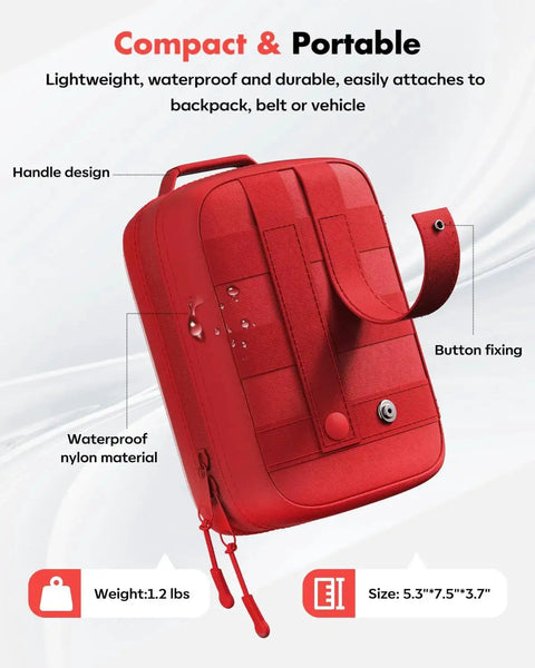 Red MOLLE-ready first aid kit bag with handle, compact waterproof nylon design for car, home, and travel by Senvok.
