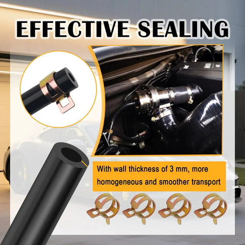 Six Piece Silicone Vacuum Hose Kit For Automotive Use, showing hose installation and effective sealing detail, clamps depicted