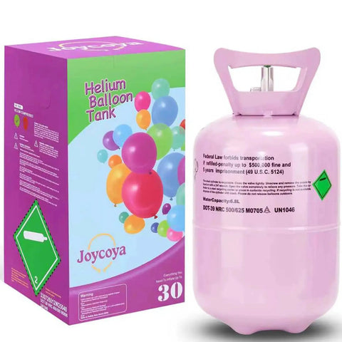 7L Home Helium Balloon Tank With Ribbons Fills Up To 30 Latex Balloons, pink tank with colorful box, nozzle on top