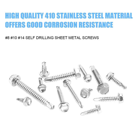 Various sizes of 320 Piece 410 Stainless Steel Hex Washer Head Self Drilling Sheet Metal Screws Assortment Kit displayed on white background.