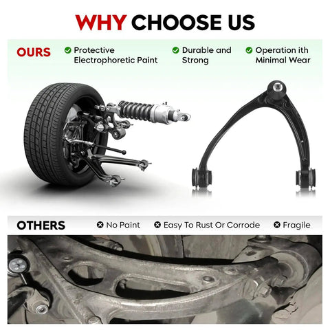 Comparison of steel and rusted forged steel front upper control arm with ball joint suspension kit for 2007-2016 GM vehicles.