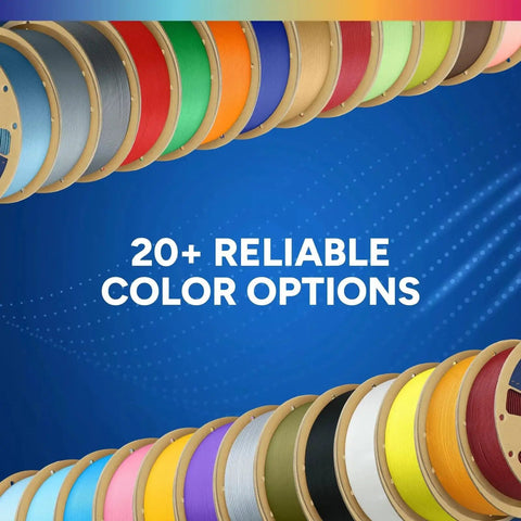 Assorted colored spools of filament on wooden reels, showcasing various color options in a gradient display.