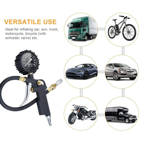 Tire Pressure Gauge With Inflator For Car And Truck, 0-100 PSI Accurate Within 1 PSI, ANSI B40.1 Certified with vehicles shown