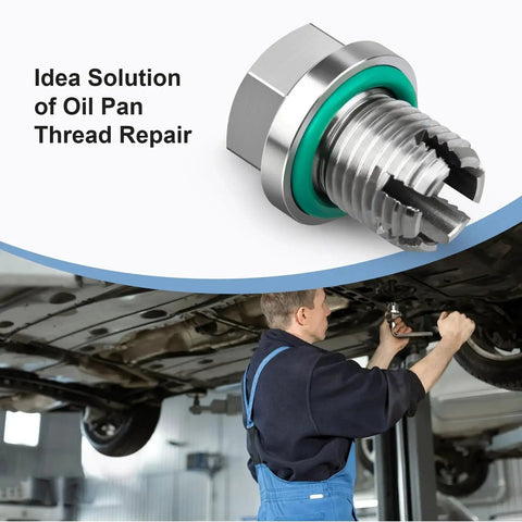 Close-up of stainless steel oversize M16.1-1.5×15mm self-tapping oil drain plug with green seal for oil pan thread repair.