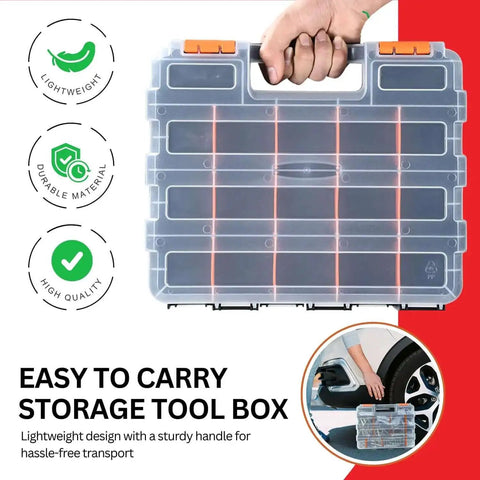 Front view of 34-Compartment Double Sided Tool Box Organizer With Removable Dividers For Screws Nuts Suts? Wait, we must ensure.