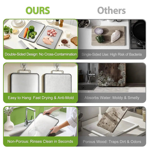 Comparison of Heavy Duty 316 Stainless Steel Cutting Board 17x11 Inch Dual Sided Chopping Board and wooden boards showing benefits.