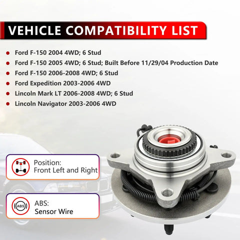 Pair Front Wheel Hub Bearing Assembly for Ford F-150 2004-2008, Expedition 2003-2006, Lincoln Mark LT 2006-2008, Navigator 2003-2006 4x4 Only with ABS shown with vehicle compatibility list, OE-grade replacement displayed