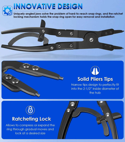 Upgraded Spindle Snap Ring Pliers For Ford Super Duty 2007 And Newer Heavy Duty Internal External Snap Ring Tools With Ratchet Locking Mechanism shown in close-up view with ratchet locking mechanism and solid pliers tips.