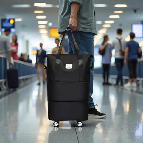 Expandable Foldable Duffle Bag With Detachable Wheels 3 In 1 Design in airport, held by traveler, black color, spinner wheels visible