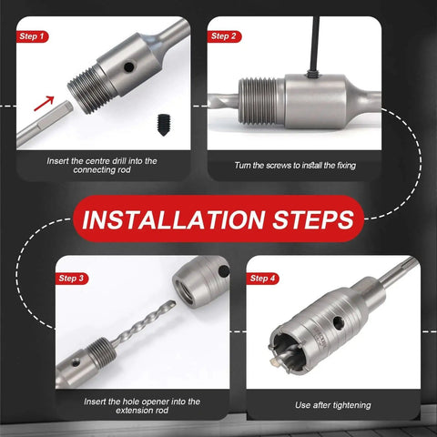 Installation steps for Professional 2 Inch 50mm Concrete Hole Saw Set With SDS Plus Shank Adapters and dust bag shown.