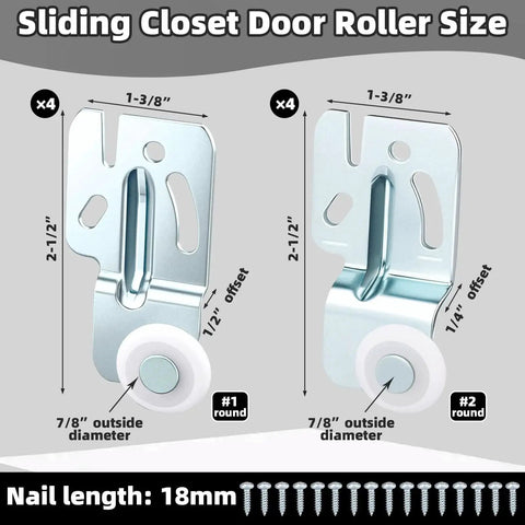 Diagram showing sliding closet door roller size with screws, part of Eight Piece Closet Sliding Door Hardware Roller Kit With Sixteen Screws For Top Hung Bypass Closet Doors And Kitchen Doors Replacement Wardrobe Wheels Including One Quarter Inch Thick And One Half Inch Thick.