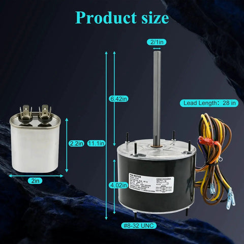 Dimensions of Condenser Fan Motor Replacement 10728 Drop In Replacement For Mars 10733 shown with capacitor and wires