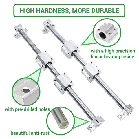 CHUANGNENG 2pcs 600mm linear rails with 12mm shaft and bearing blocks; pre-drilled holes, anti-rust finish