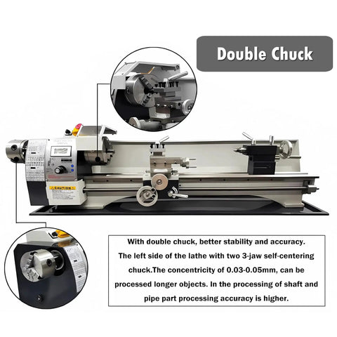 Gearless 8x32 Metal Lathe With Double Chuck For Imperial And Metric, Panel Controlled Auto Change, Belt Drive, Low Noise Wood Turning Lathe Machine, Great For Home Shop INTSUPERMAI