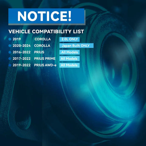 Front Wheel Bearing Hub Assembly Fits 2019-2024 Toyota Corolla, 2016-2022 Prius, compatibility list overlay