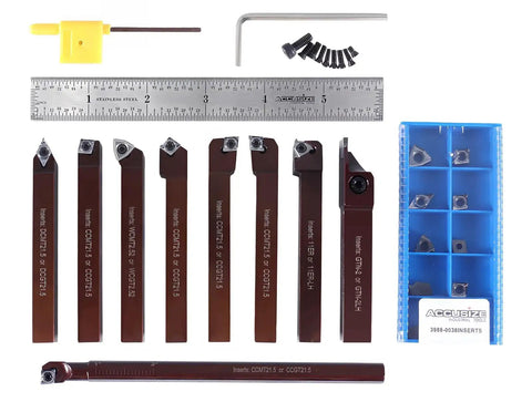 Nine Piece Three Eighths Inch Shank Pro Grade Indexable Carbide Turning Tool And Boring Bar Set With Ten Extra Carbide Inserts For Aluminum Machining Featuring Smooth Black Oxide Tool Holders And Engraved Size Marks