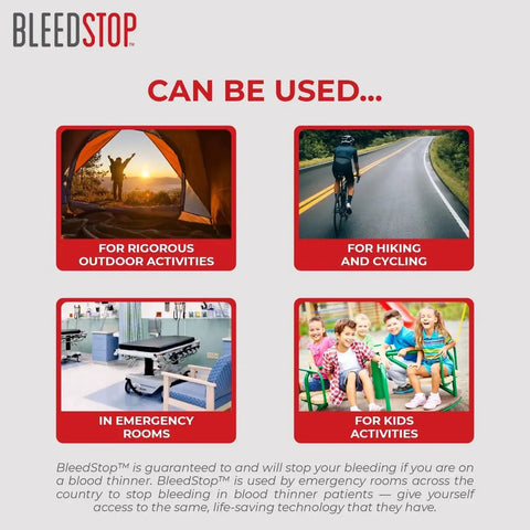 Image showing uses for BleedStop product in various scenarios: outdoor activities, hiking, emergency rooms, and kids' activities.