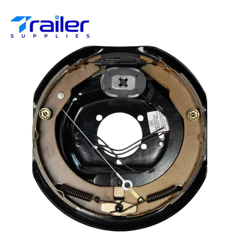 Trailer Supplies electric trailer brake assembly, 12x2 in; inside view showing brake shoes, springs, and wiring.