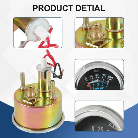 Oil Pressure Gauge Kit 0-100 PSI for 12V cars showing gauge face and housing details, 52mm chrome and ABS housing JDMSPEED
