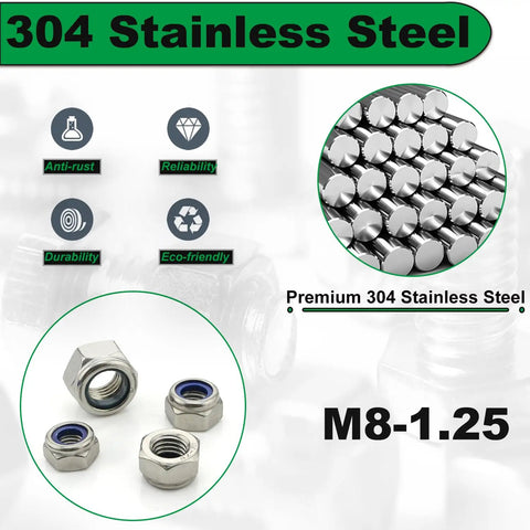 Heavy Duty Pro Grade Nylon Inserted M8 Hex Lock Nuts Self Locking 1.25 Pitch 304 Stainless Steel shown with features and textures.