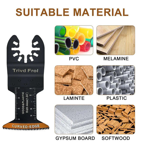 Curved Edge Oscillating Tool Blades 100 Pcs Universal Wood Multitool Set With Depth Guide Pro Grade Durable High Carbon Stainless Steel with material compatibility chart