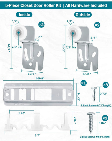 Sliding Closet Door Roller Kit With Track For Top Hung Doors Replacement Set Includes Front And Rear Nylon Wheels No Squeak Quiet Smooth Sliding Easy Peasy Install Durable Zinc Alloy Hardware 5 Piece Package With Screws shown