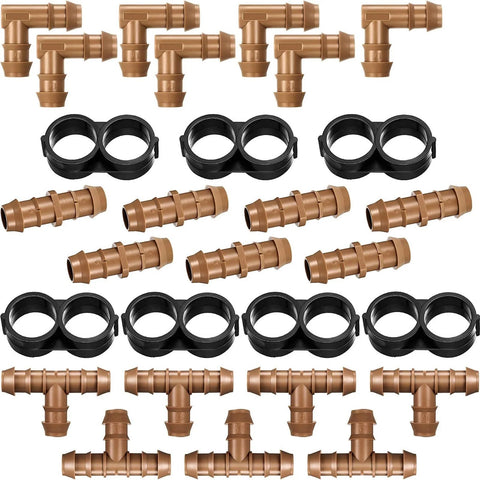 Boao 1/2-inch drip irrigation fittings kit with 28 brown barbed connectors: tees, elbows, couplings, end caps and clamps