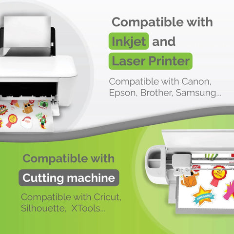 Close-up of inkjet and laser printers with Premium Printable Vinyl Sticker Paper for Inkjet And Laser Printers With 56 Self Adhesive Matte White Sheets Waterproof Quick Dry Vivid Colors That Hold Ink Well Tear Resistant For Indoor Outdoor Use AgoDeo being printed, showcasing vivid stickers.