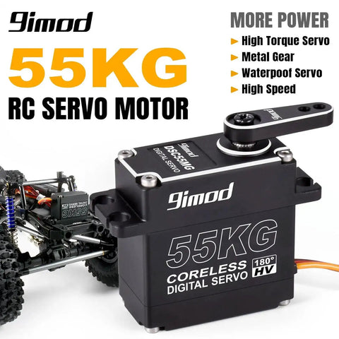 Beefy 55Kg High Torque Servo With Coreless Motor, High Speed HV 8.4V Waterproof Crawler Servo displayed next to RC vehicle