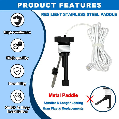 Flow Switch GLX-FLO-RP Replacement for Goldline Aquarite Salt System, stainless steel paddle and cable, product features listed