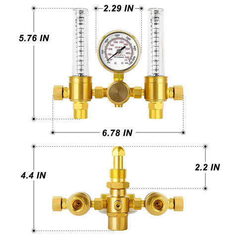 Argon Regulator Flow Meter For TIG MIG Welding With Six Point Five Foot Hose CGA580 inlet, dual gauges, and detailed dimensions.