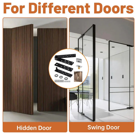 Image showing Hidden Pivot Hinge Kit For Secret Bookcase Doors With Smooth 360 Degree Rotation Heavy Duty Hardware Supports Up To 330 Lb Two Pack Black Stainless Steel for hidden and swing doors.