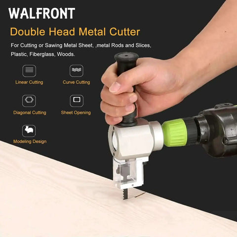 Person using All In One Heavy Duty Dual Head Nibbler And Cutter Drill Attachment on metal sheet, portable electric cutter shown.